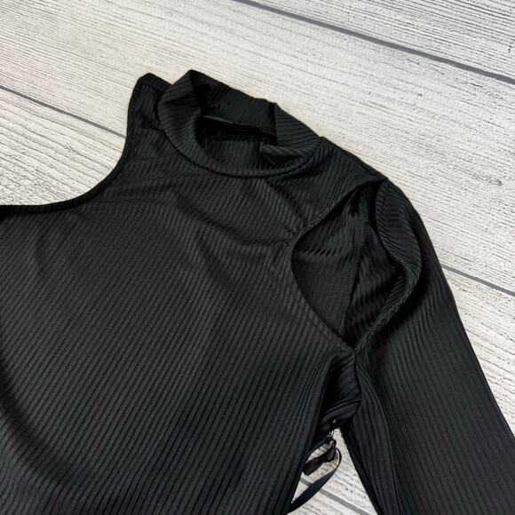 H:ours Women's Black Ribbed Mock Neck One Sleeve Cut Out Top Size Medium - Picture 3 of 7